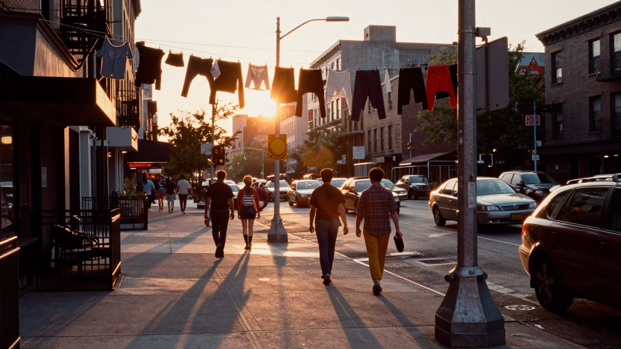 Busy New York City Street Scene at Sunset with Clothesline and Electric Kettle in in New York, New York, United States