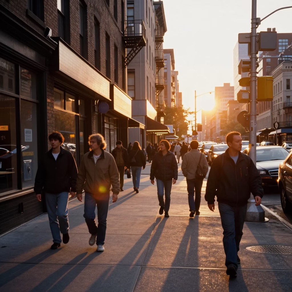 Busy New York City Street Scene at Sunset with Pedestrians and Urban Architecture in in New York, New York, United States