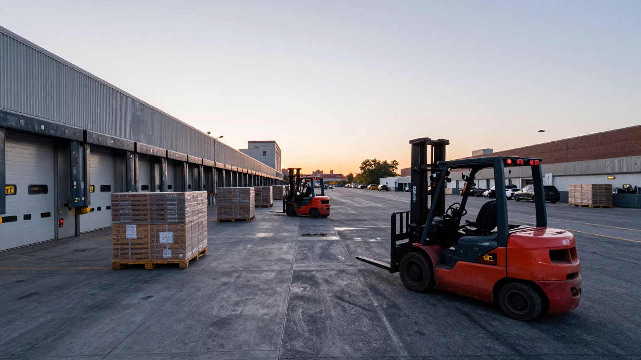 Busy New York Loading Dock at Dawn with Forklifts Moving Pallets in in New York, New York, United States