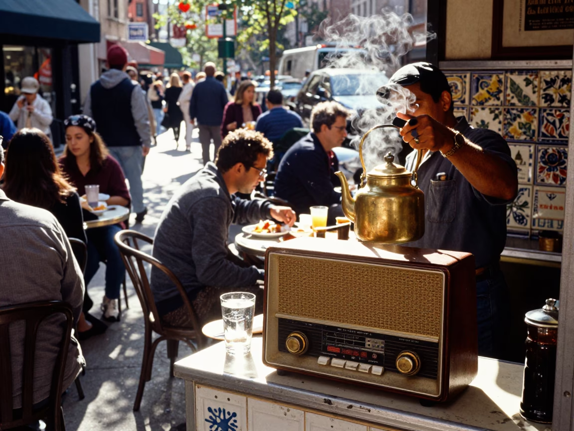 Busy New York Sidewalk Lunch with Vintage Radio and Scuffed Wood Table in in New York, New York, United States