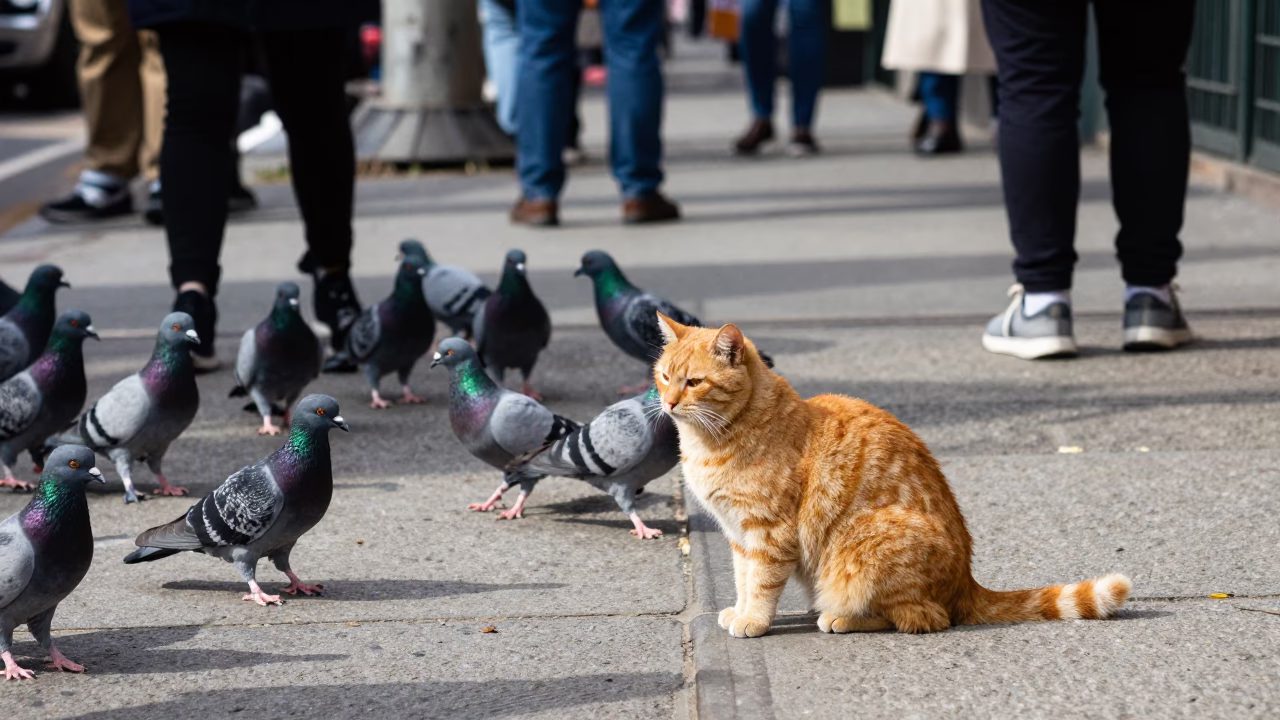 Busy New York Sidewalk Scene With Pigeons And Orange Cat in in New York, New York, United States