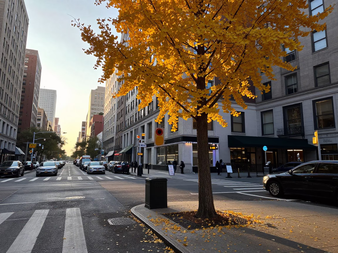 Busy New York Street Corner After Sunrise with Ginkgo Tree and Urban Life in in New York, New York, United States