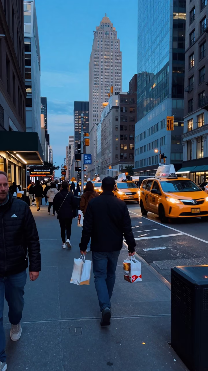 Busy New York Street Corner at Blue Hour with Takeout Food and Urban Life in in New York, New York, United States