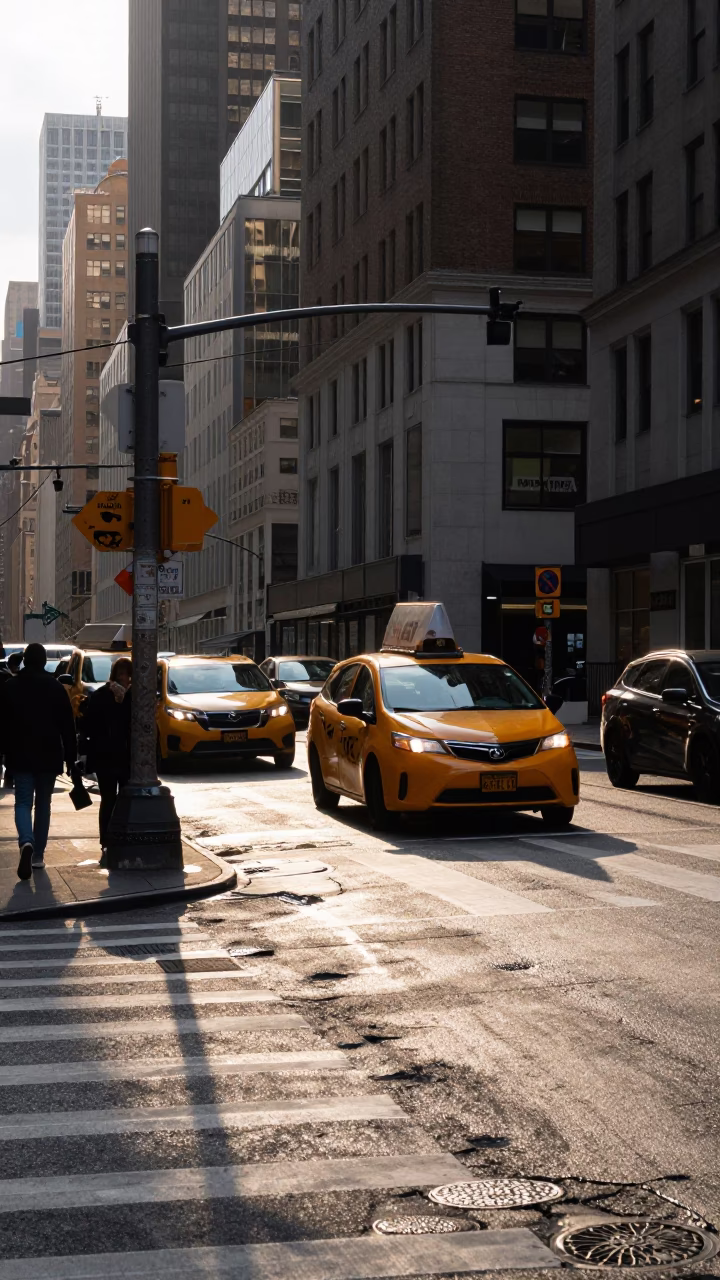 Busy New York Street Corner at First Light with Urban Details and City Skyline in in New York, New York, United States
