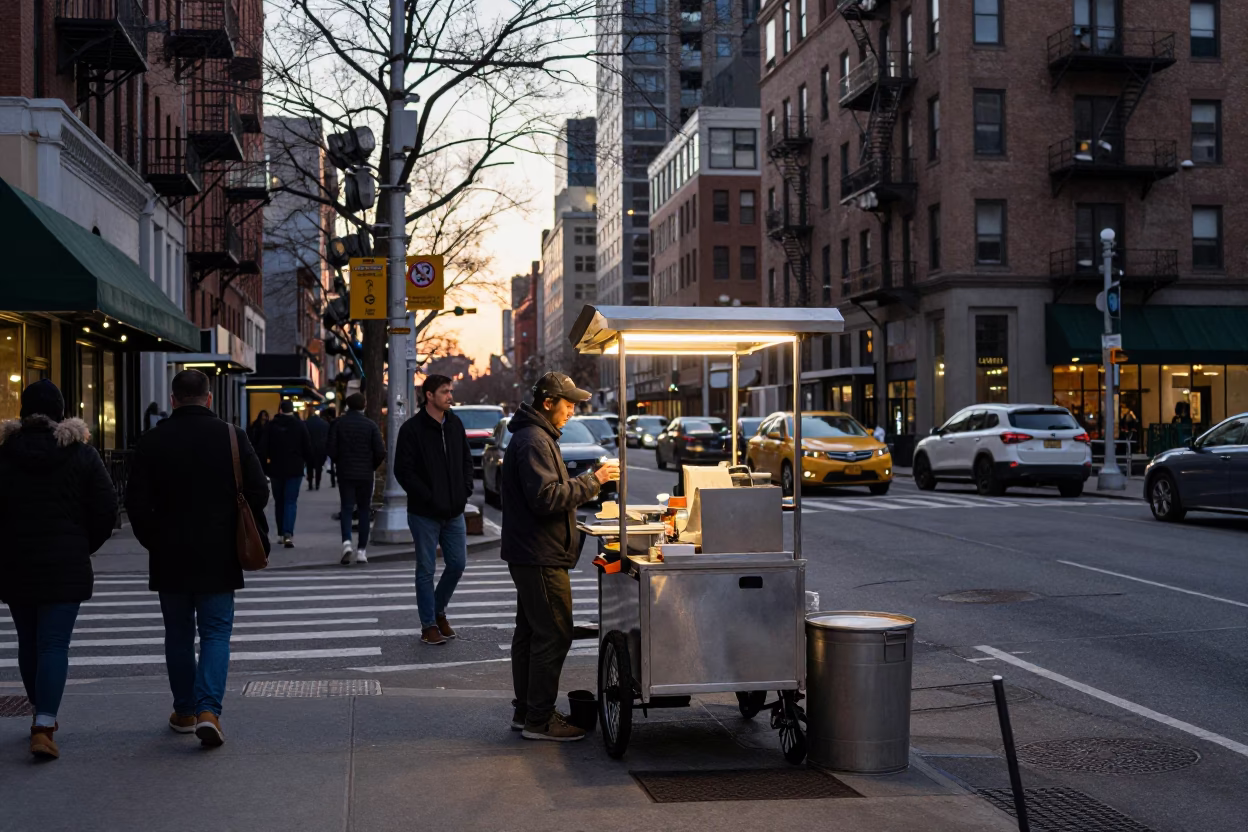 Busy New York Street Corner at Nautical Dawn with Coffee Cart and Commuters in in New York, New York, United States