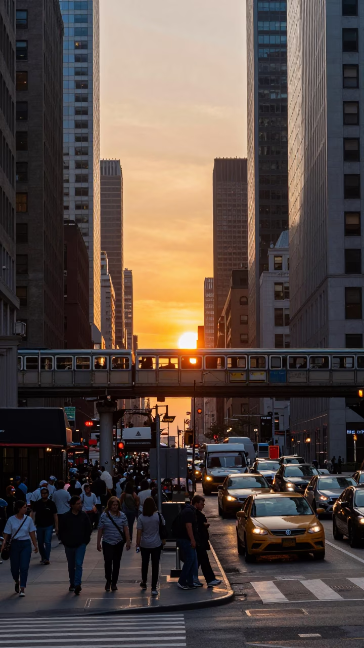Busy New York Street Corner at Sunset with Monorail and Urban Life in in New York, New York, United States