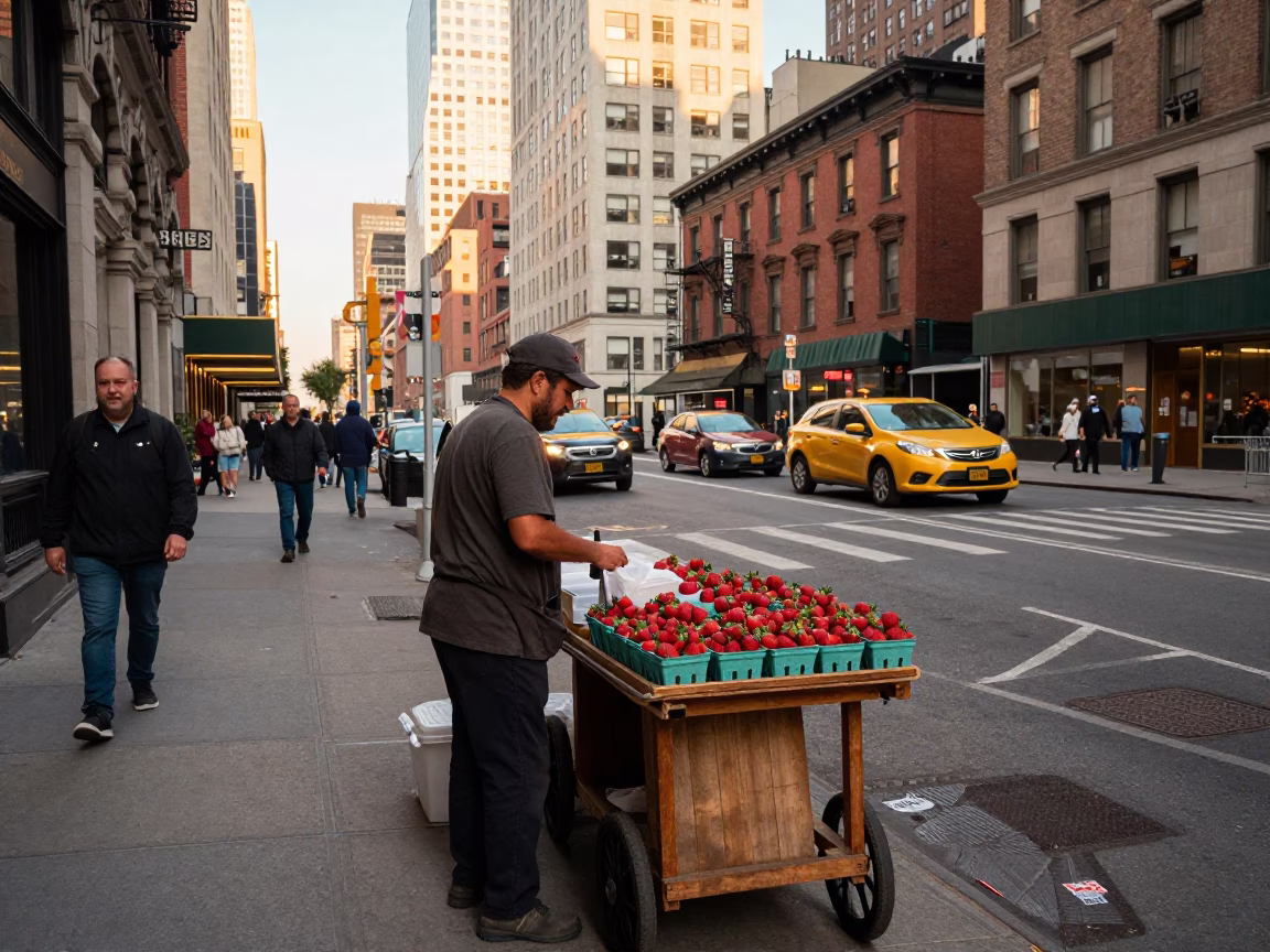 Busy New York Street Corner Golden Hour with Strawberries and City Life in in New York, New York, United States