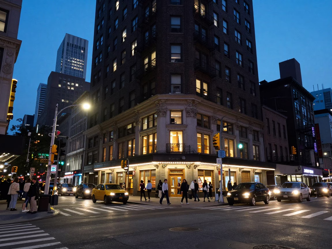 Busy New York Street Corner in Evening Blue Hour with Food Vendor and Pedestrians in in New York, New York, United States