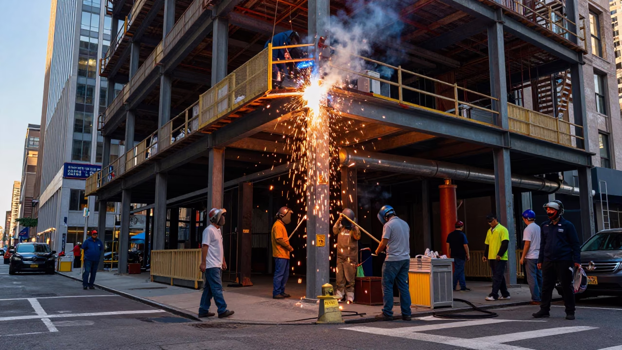 Busy New York Street Corner Late Afternoon Light with Welding Sparks and Urban Details in in New York, New York, United States