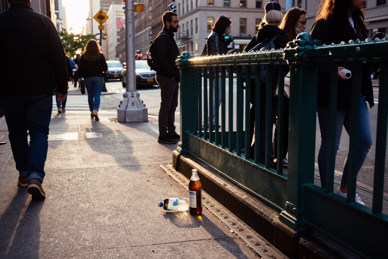 Busy New York Street Corner Late Afternoon with Bottle and Door Latch Details in in New York, New York, United States