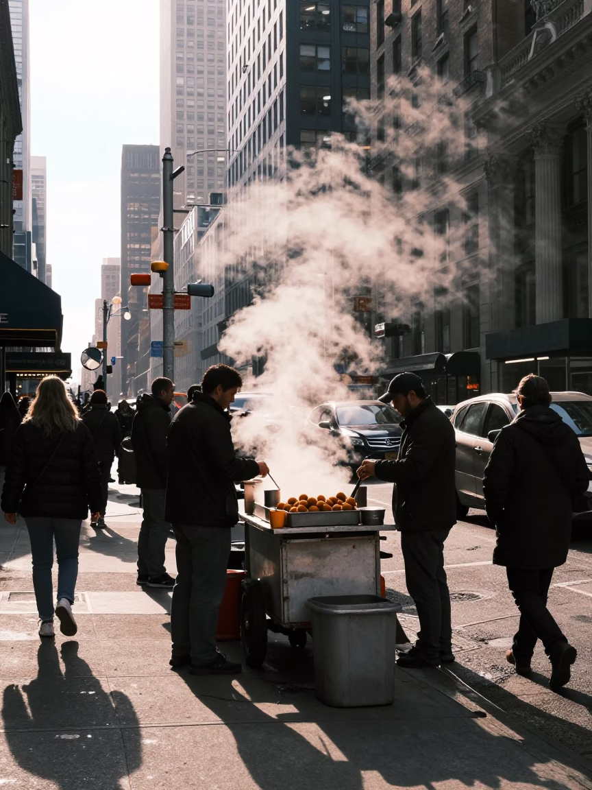 Busy New York Street Corner Late Afternoon with Steam and Urban Activity in in New York, New York, United States