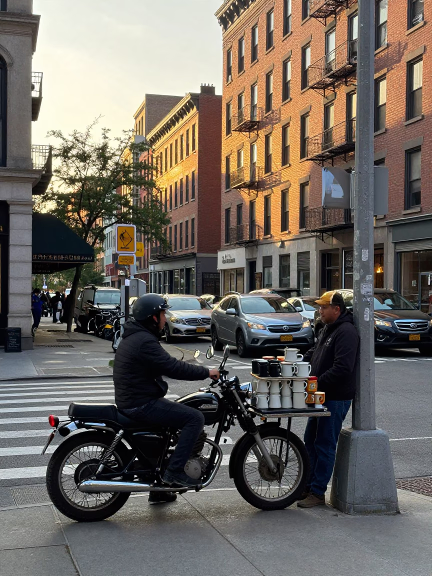 Busy New York Street Scene After Sunrise with Vintage Motorcycle Sidecar and Ceramic Mugs in in New York, New York, United States