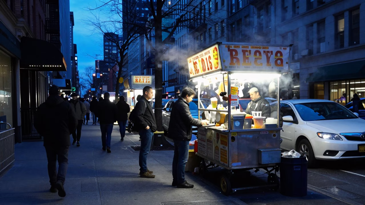 Busy New York Street Scene at Blue Hour with Food Vendor and City Lights in in New York, New York, United States
