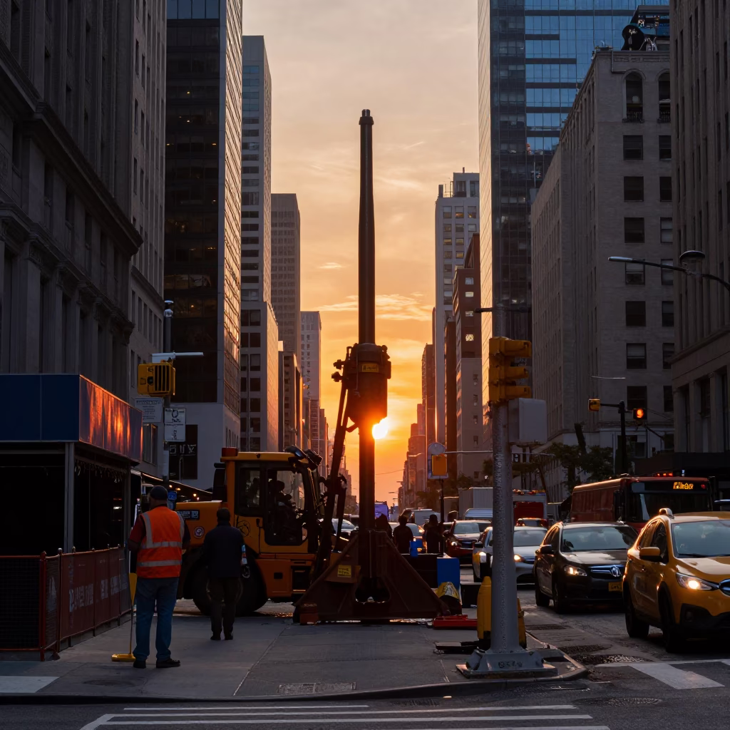 Busy New York Street Scene at Sunset with Construction and Urban Details in in New York, New York, United States