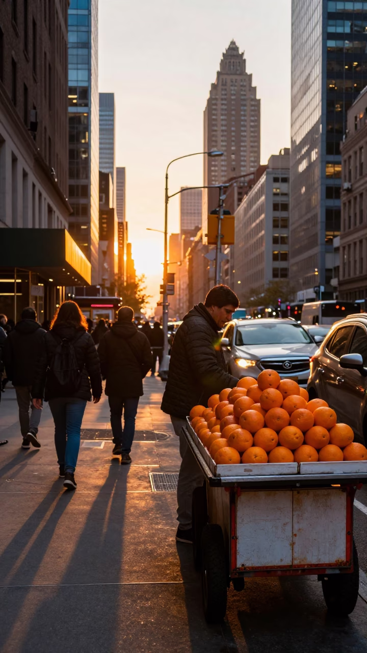 Busy New York Street Scene at Sunset with Oranges and Iron Hook in in New York, New York, United States
