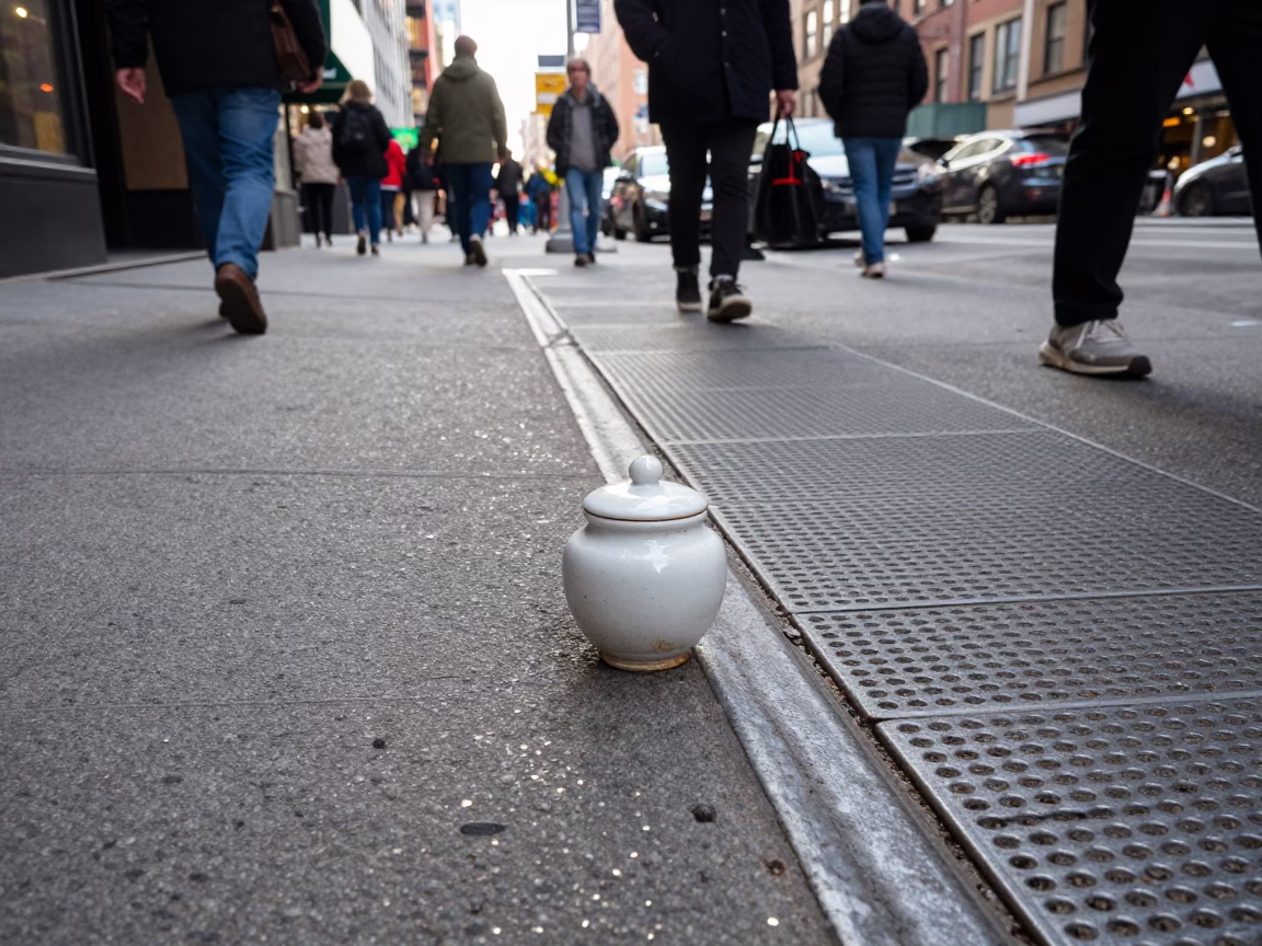 Busy New York Street Scene Early Afternoon with Spice Jar on Sidewalk Cafe Table in in New York, New York, United States