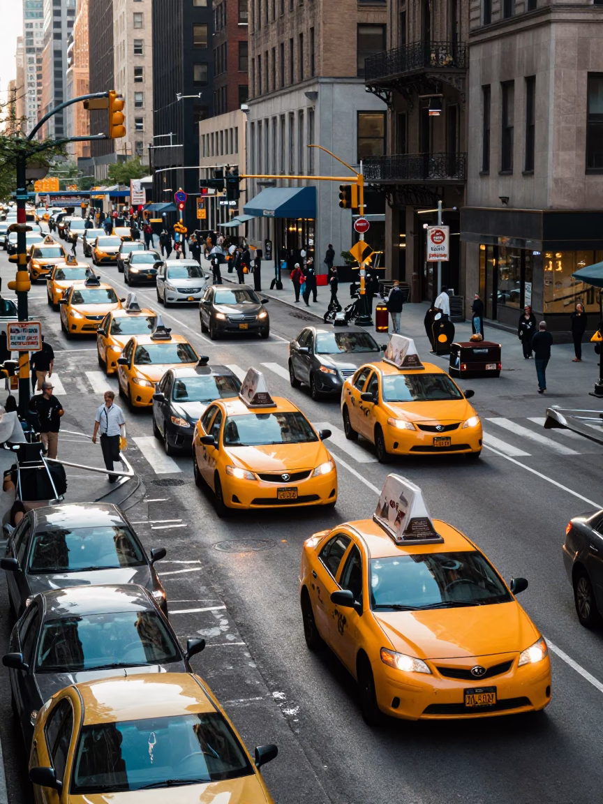 Busy New York Street Scene Late Morning with Yellow Taxi and Urban Details in in New York, New York, United States