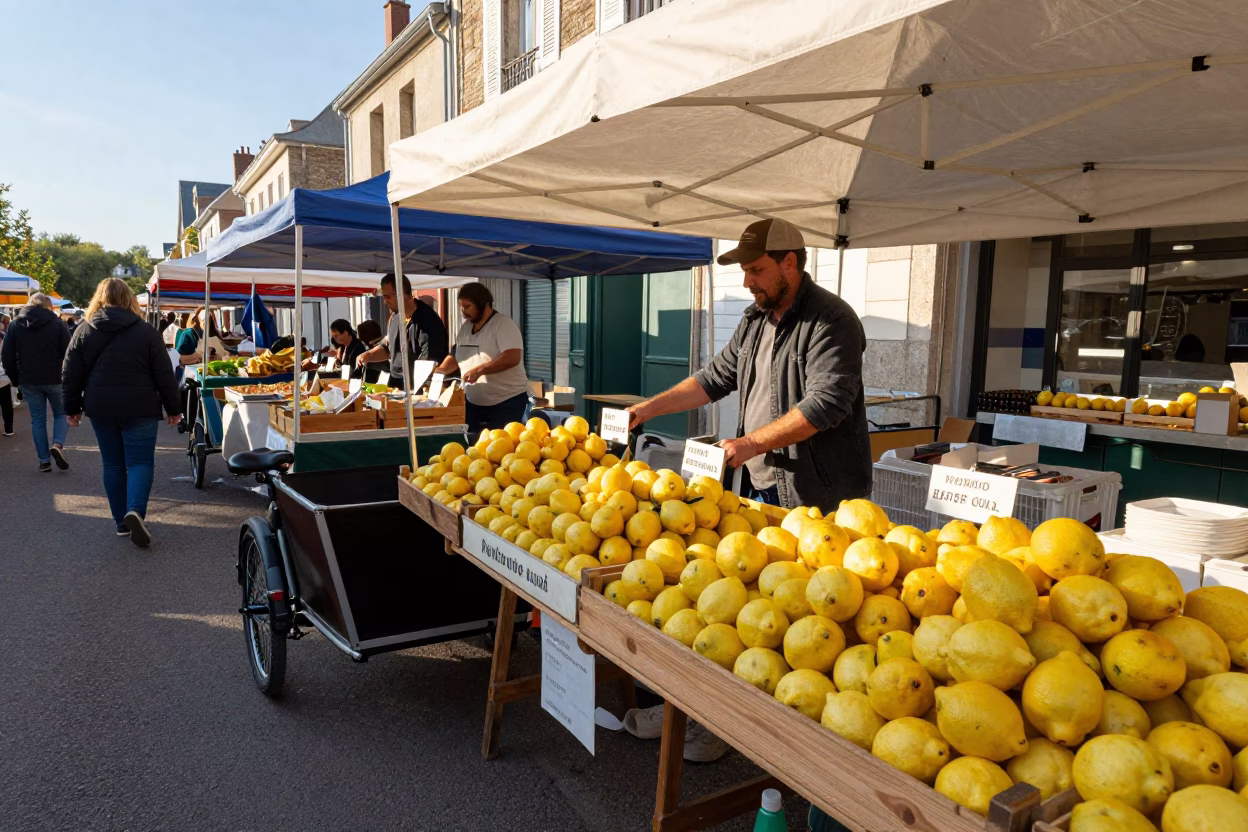 Busy Nice France Afternoon Market Stall with Cargo Bicycle and Local Produce in in Nice, France