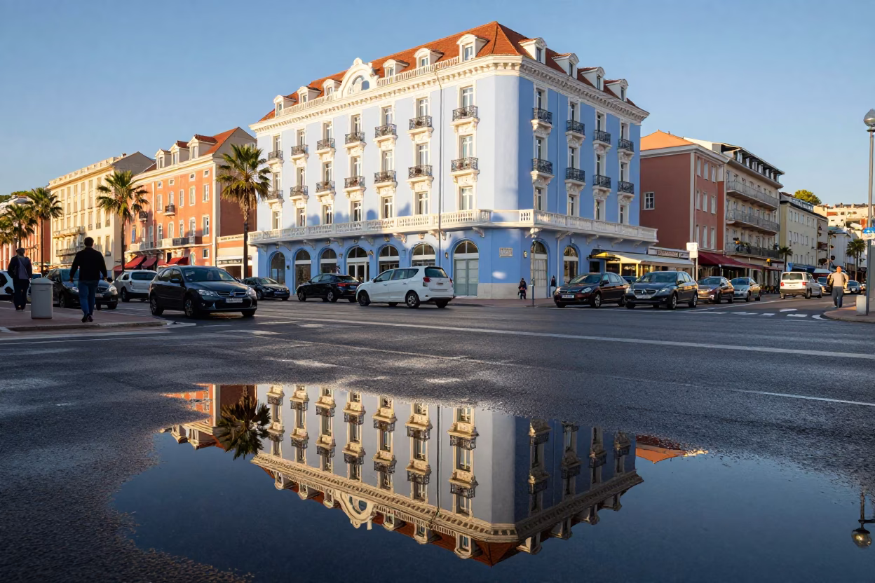 Busy Nice France Afternoon Street Scene with Hotel Reflections and Tail Lights in in Nice, France