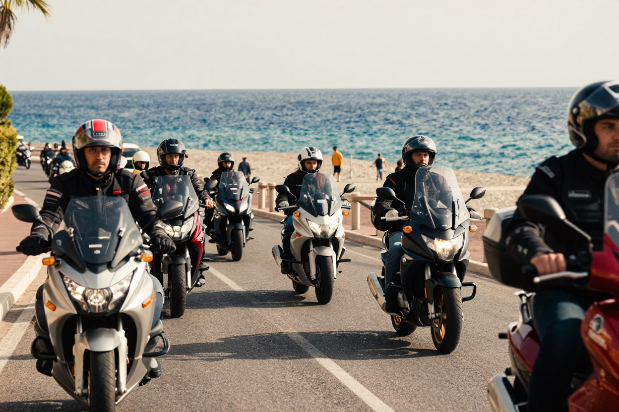 Busy Nice France Afternoon Street Scene with Motorcycles and Coastal Views in in Nice, France
