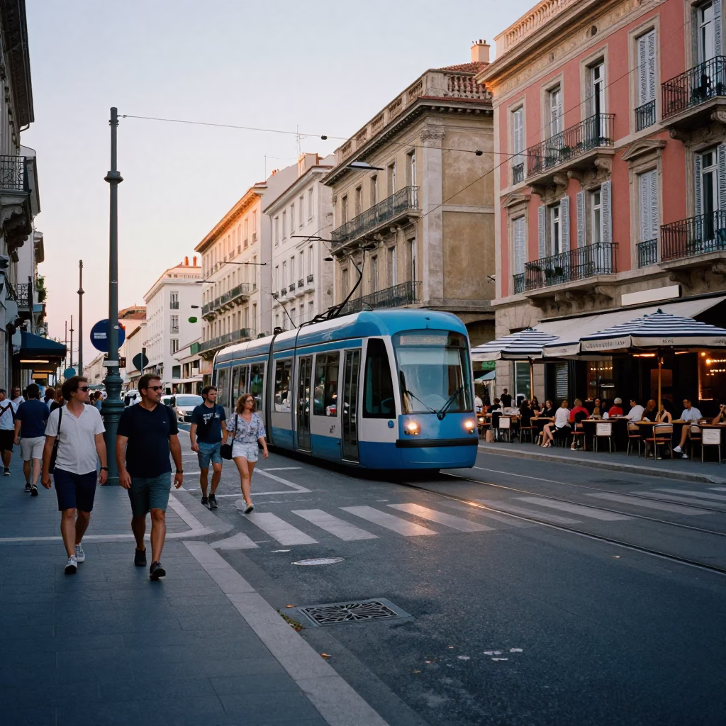 Busy Nice France Early Evening Street Scene with Tram and Local Life in in Nice, France