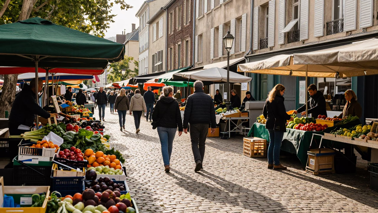 Busy Nice France Early Morning Market Street Scene with Local Produce and Urban Life in in Nice, France