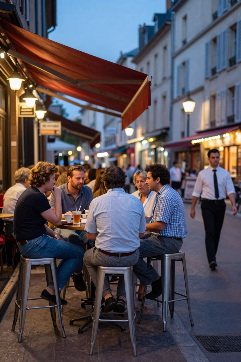 Busy Nice France Evening Street Scene with Bar Stools and Coastal Activity in in Nice, France
