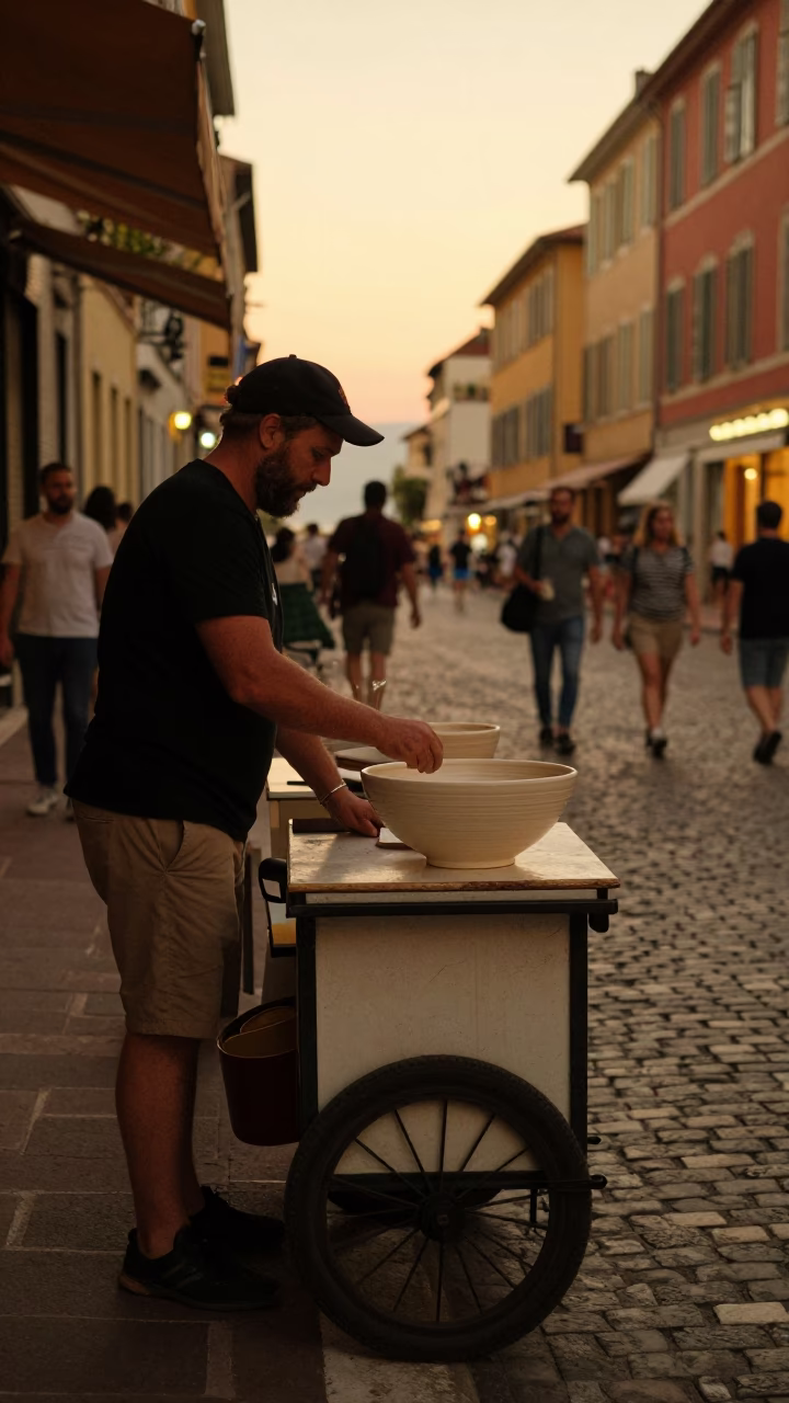 Busy Nice France Evening Street Scene with Ceramic Bowl and Cobblestone Pavement in in Nice, France
