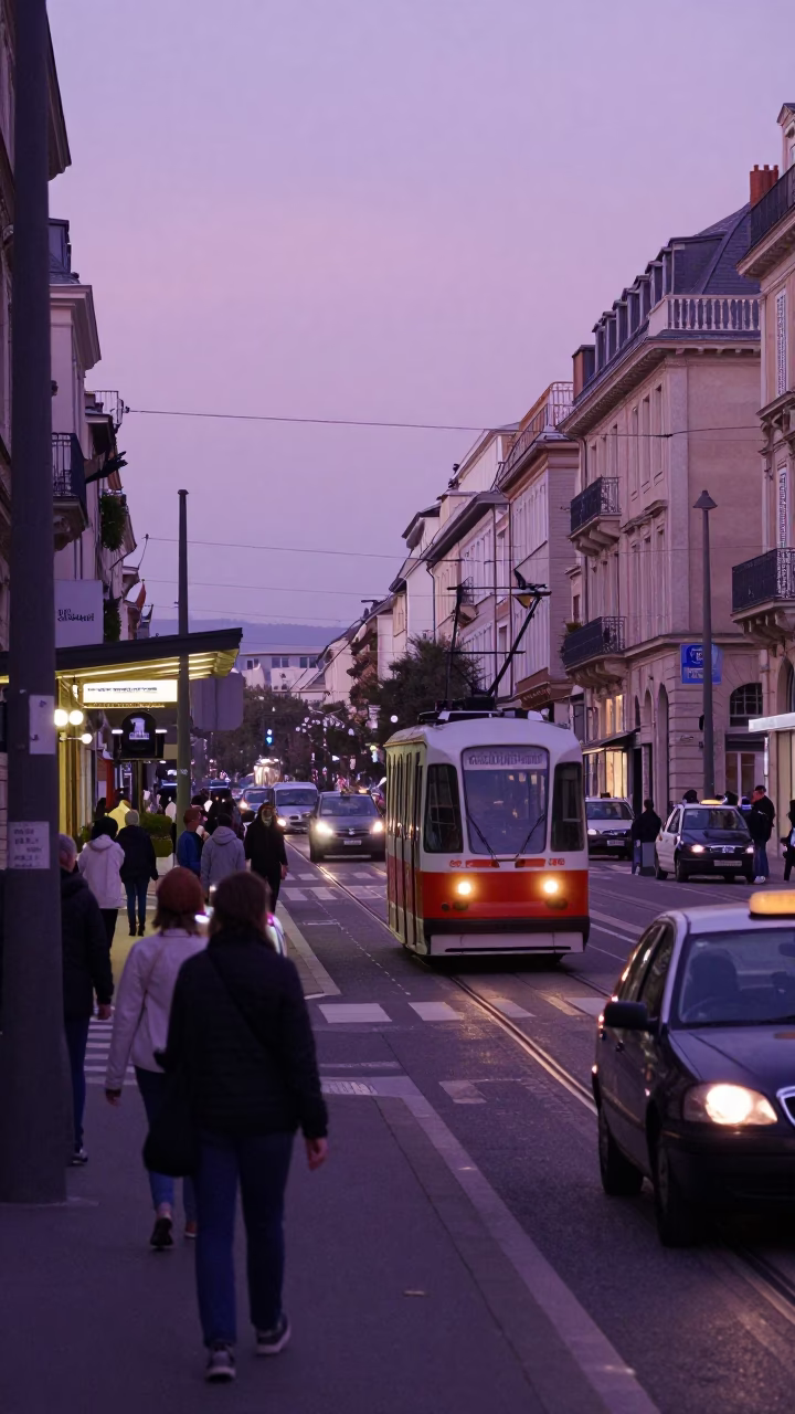 Busy Nice France Evening Street Scene with Funicular and Taxi Rank in in Nice, France