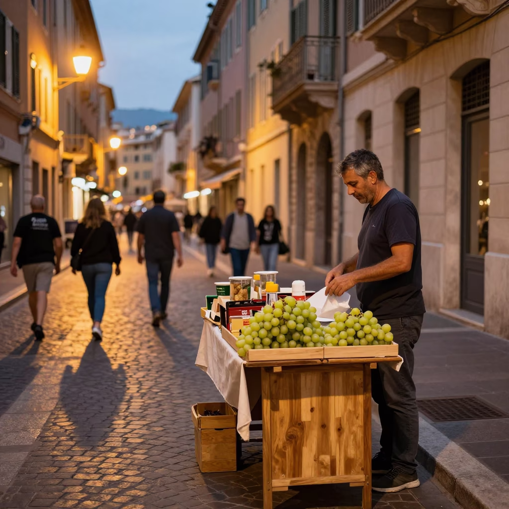 Busy Nice France Evening Street Scene with Local Food and Traveler Interactions in in Nice, France