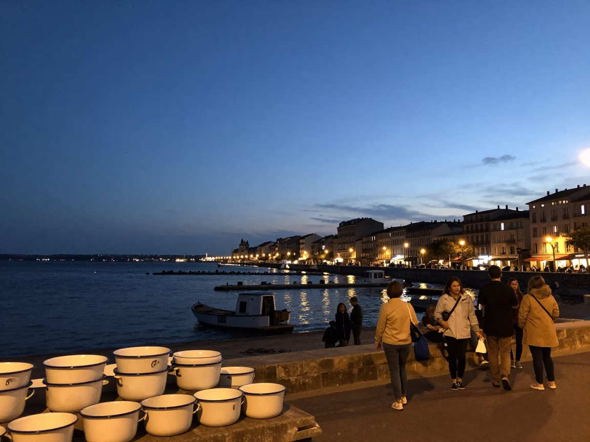 Busy Nice France Harbor Evening with Enamel Bowls and Blue Hour Sky in in Nice, France
