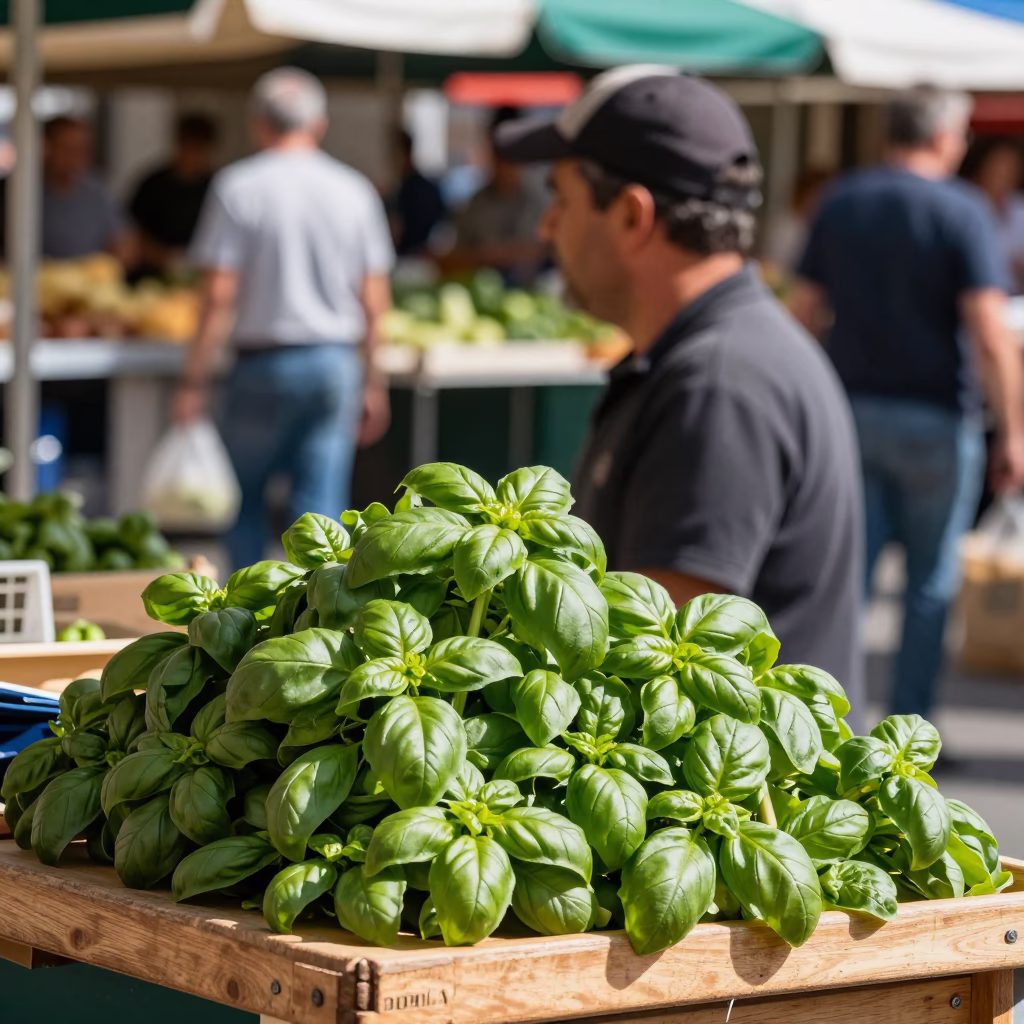 Busy Nice France Market Scene with Fresh Basil Leaves and Colorful Street Life in in Nice, France