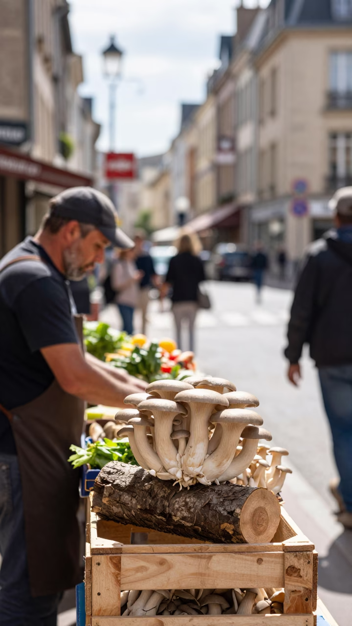 Busy Nice France Noon Street Scene with Oyster Mushrooms and Rust Boat in in Nice, France