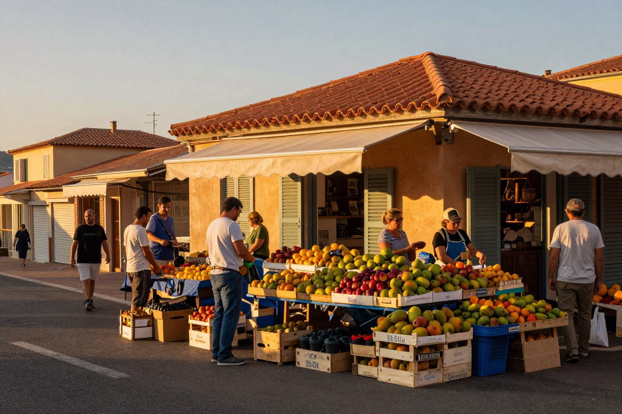 Busy Nice France street corner with fruit vendors and Mediterranean evening light in in Nice, France