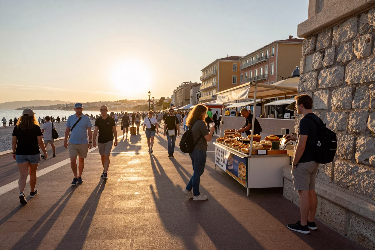 Busy Nice France street scene at golden hour with travelers and traditional pastries in in Nice, France