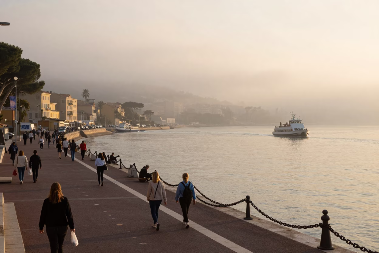 Busy Nice France Street Scene at Nautical Dawn with Chain Ferry and Wet Pavement in in Nice, France