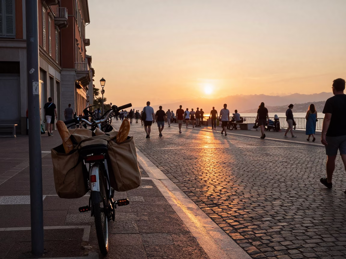 Busy Nice France Street Scene at Sunset with Bicycle and Vintage Coffee Grinder in in Nice, France