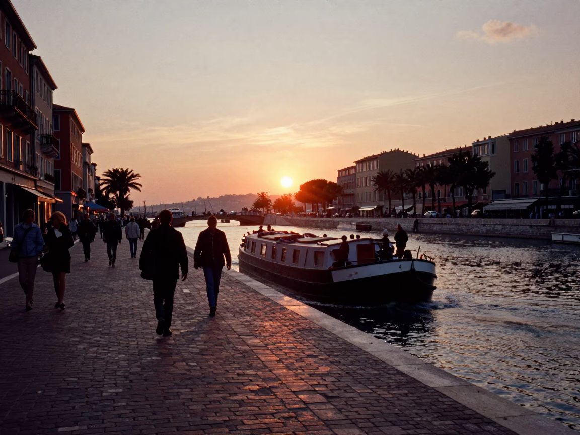 Busy Nice France street scene at sunset with canal barge and local life in in Nice, France