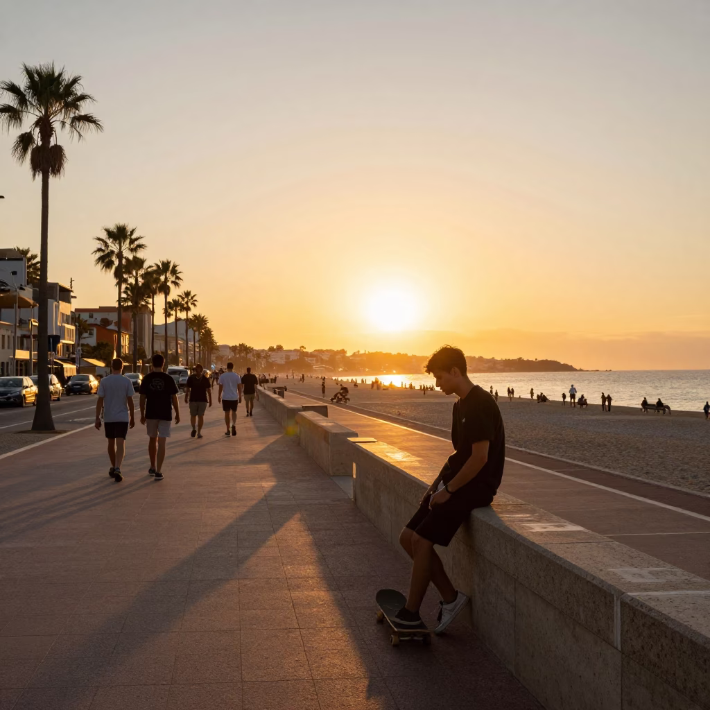 Busy Nice France Street Scene at Sunset with Skateboard and Metro Train in in Nice, France