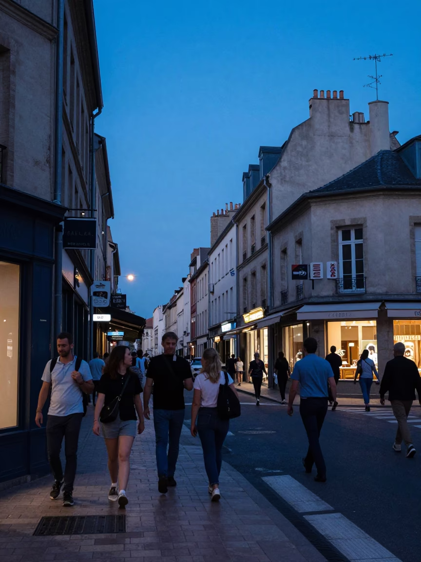 Busy Nice France Street Scene in Indigo Twilight with Local Market Activity in in Nice, France