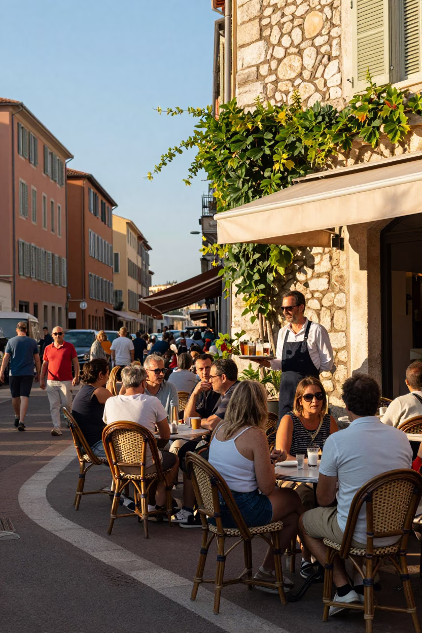 Busy Nice France Street Scene Late Afternoon Light with Local Market Activity in in Nice, France