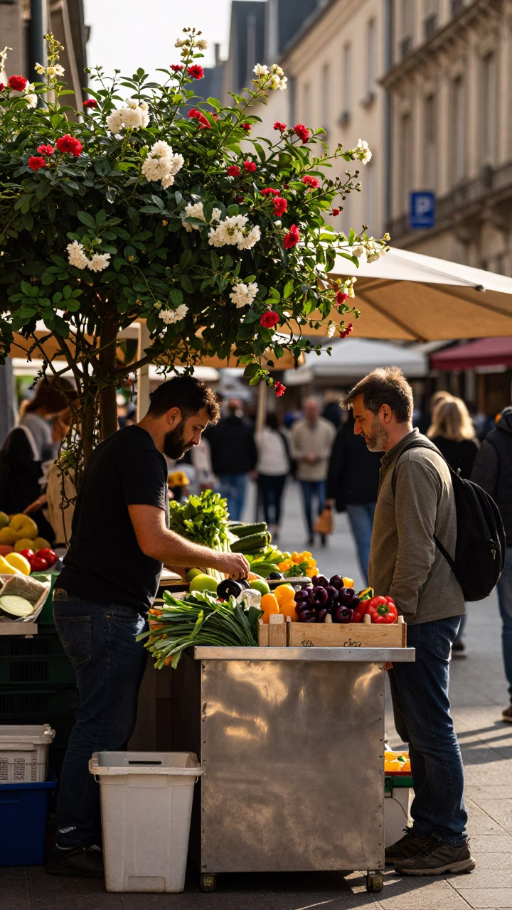 Busy Nice France Street Scene Late Morning with Flowering Plant and Brushed Steel Countertop in in Nice, France