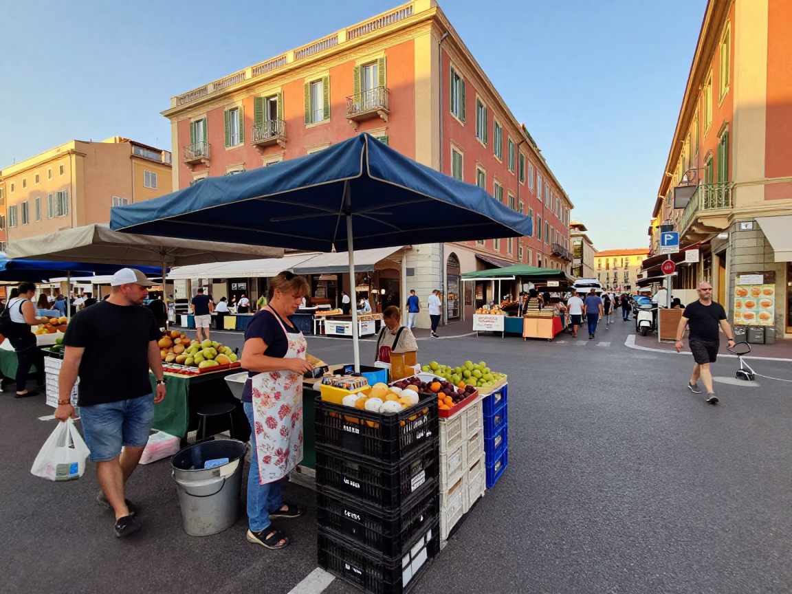 Busy Nice France Street Scene Late Morning with Local Market Activity in in Nice, France
