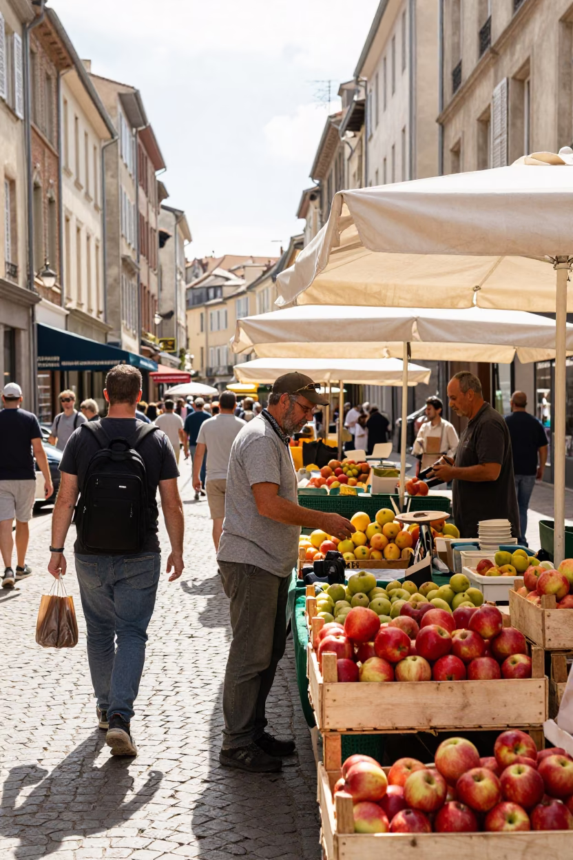 Busy Nice France Street Scene Midmorning Light with Local Market Activity and Cobblestones in in Nice, France