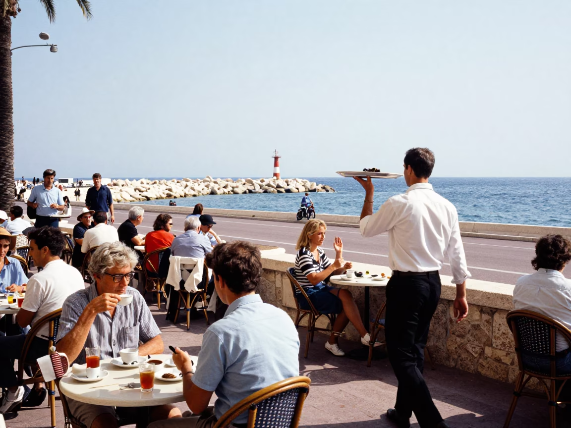 Busy Nice France street scene midmorning with saucers and harbor breakwater curve in in Nice, France