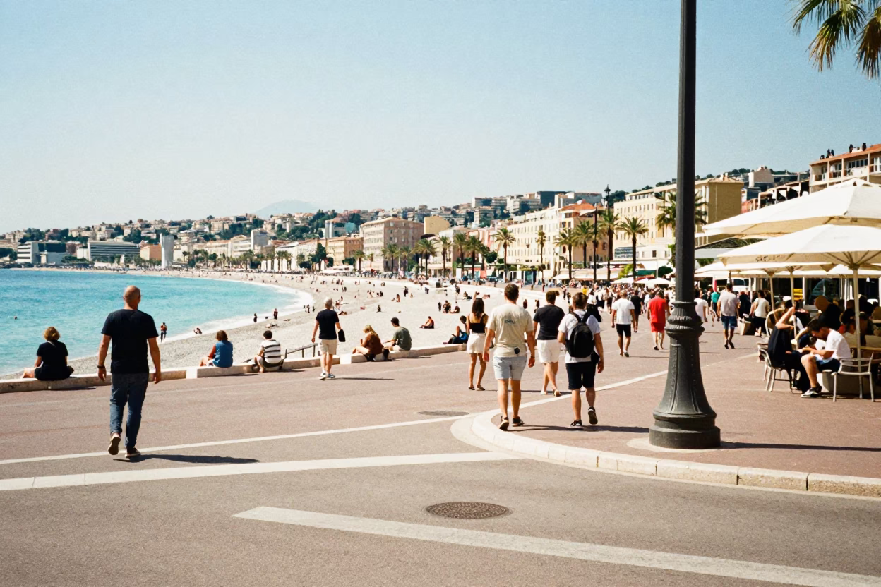 Busy Nice France Street Scene Under Flat Noon Glare with Funicular and Cafe Details in in Nice, France