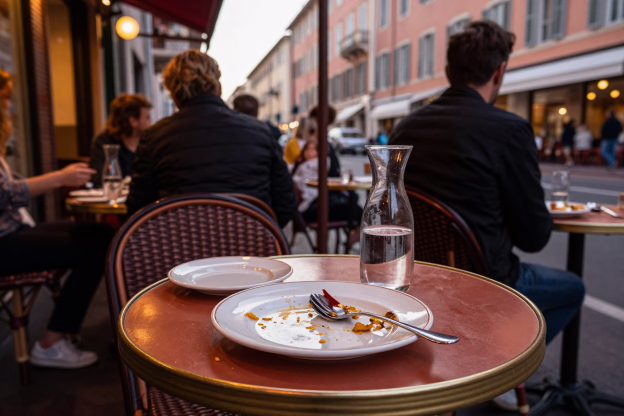 Busy Nice France Street Scene with Ceramic Plates and Glass Carafe in Copper Light in in Nice, France