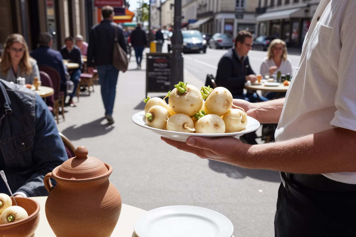 Busy Nice France Street Scene with Clay Pot and Plate under Noon Sun in in Nice, France
