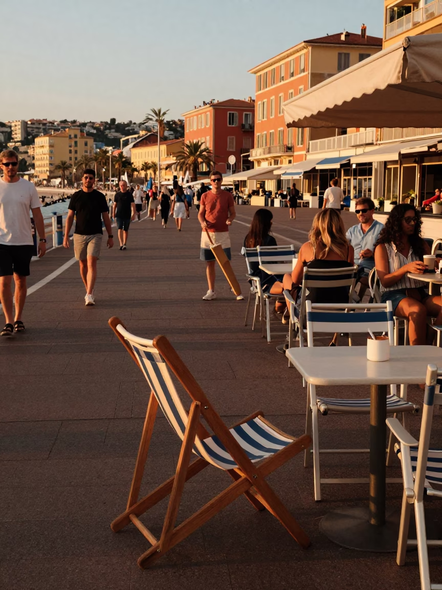 Busy Nice France street scene with deck chairs and evening light in in Nice, France
