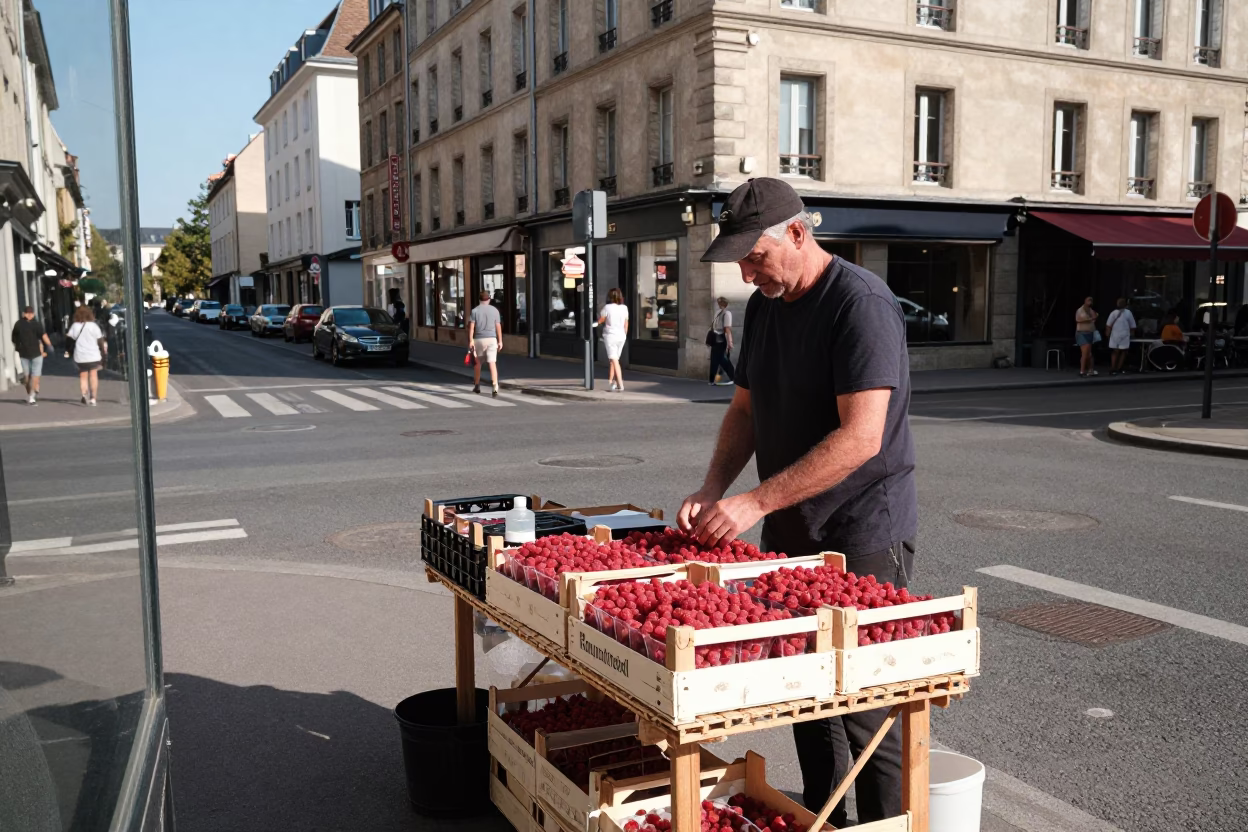 Busy Nice France Street Scene with Glass Edge and Raspberries in Late Afternoon Light in in Nice, France
